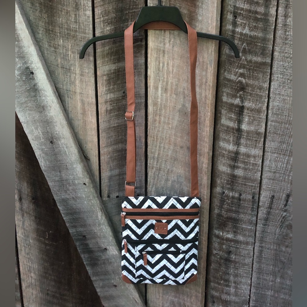 Stone Mountain Quilted Chevron Fabric Crossbody Bag PU Leather strap and trim